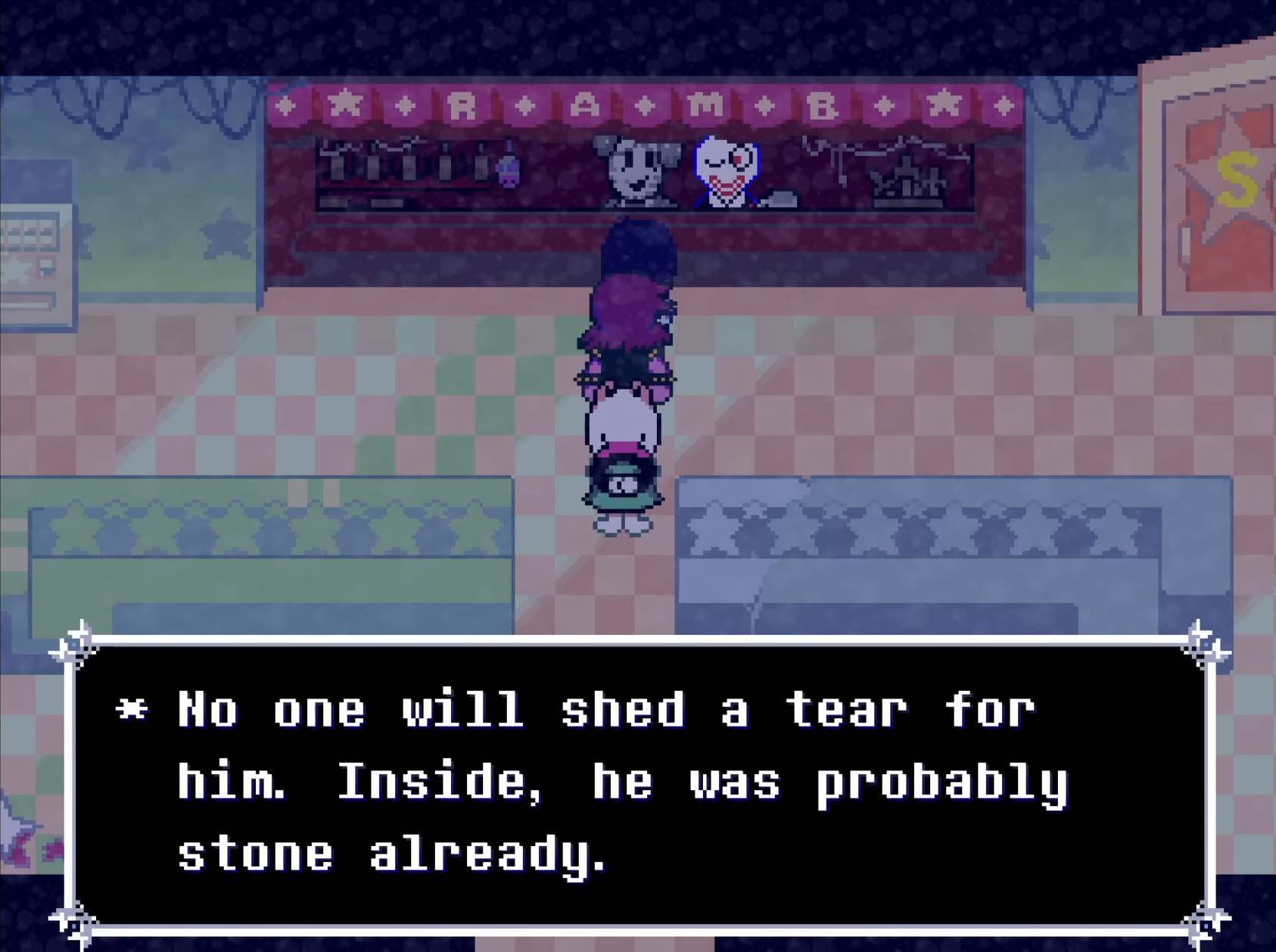 Screenshot from Deltarune chapter 3 after Ramb has turned to stone, with Pippins saying 'No one will shed a tear for him. Inside he was probably stone already.'