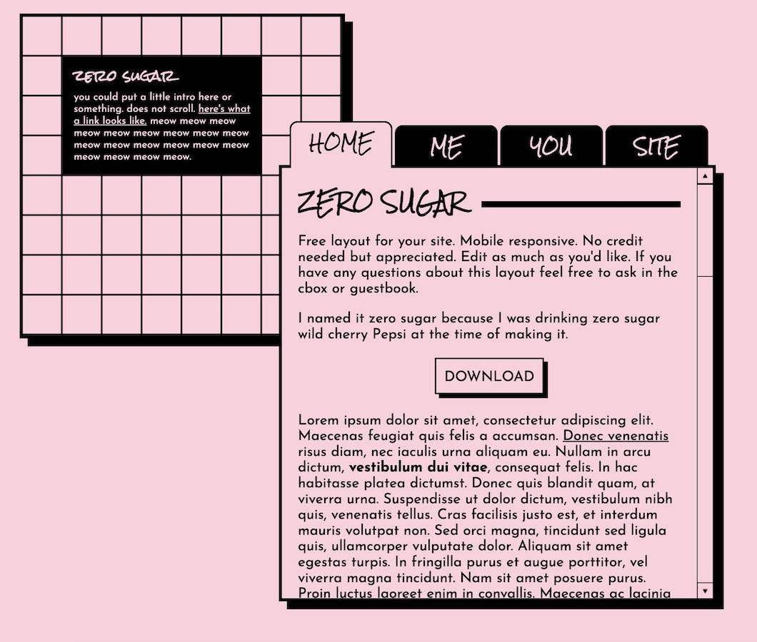 Screenshot of a light pink grid site layout