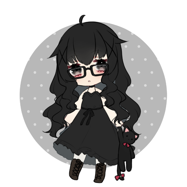 Chibi Arina wearing black sundress and black boots with a black cat plushie