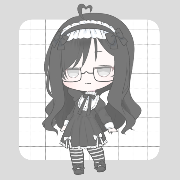 Chibi Arina wearing a gothic lolita dress with striped socks and frilly headdress