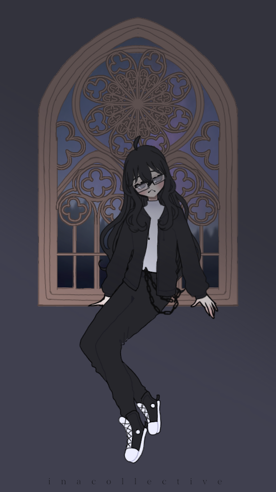 Arina sitting on an ornate windowsill at night, wearing a black jacket, black jeans, and white shirt