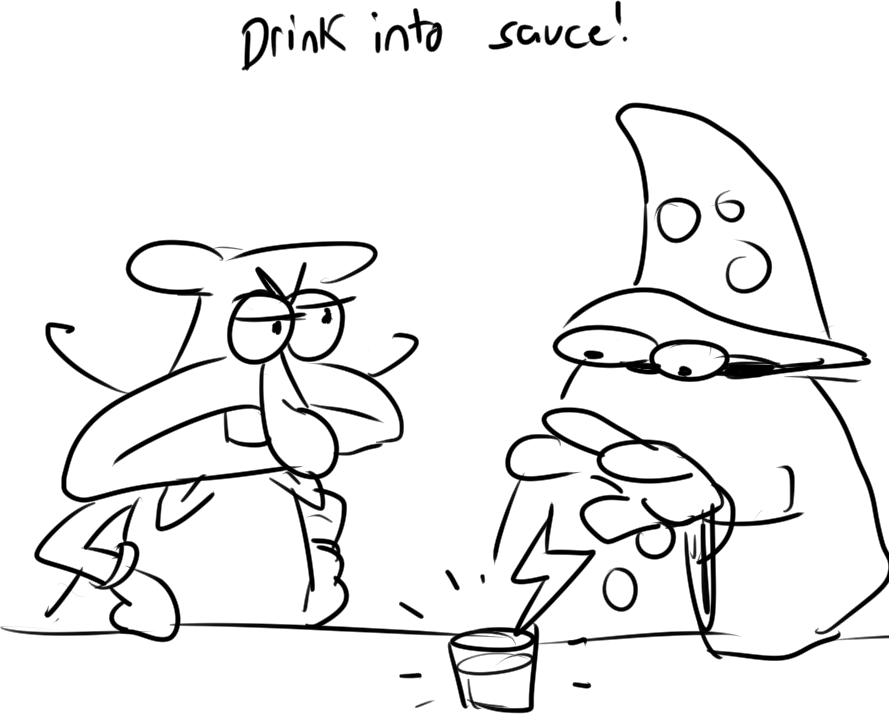 Doodle of Noise looking displeased with hands on hips at a Pizzard turning a drink into sauce