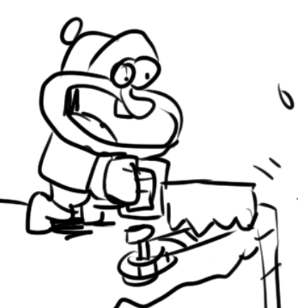 Doodle of Noise in winter garb and using a saw to cut some rope