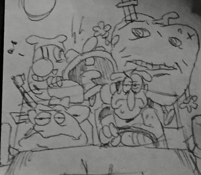 Doodle of Noise singing loudly in a car ride with Peppino, Pepperman, Vigilante, and Gustavo.