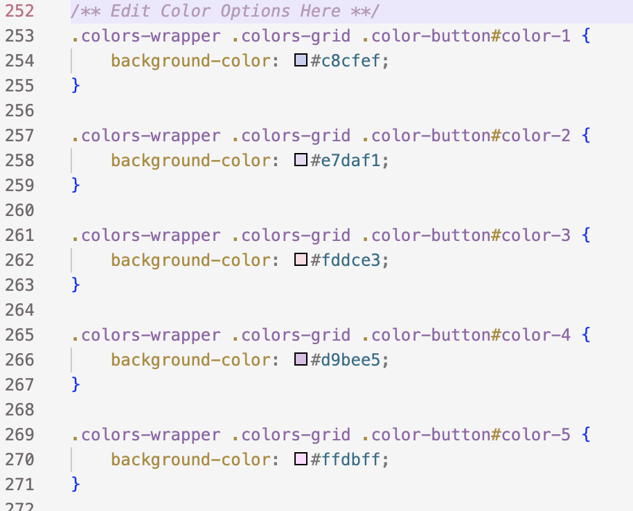 Screenshot of the CSS to change the color palette at the bottom of the layout